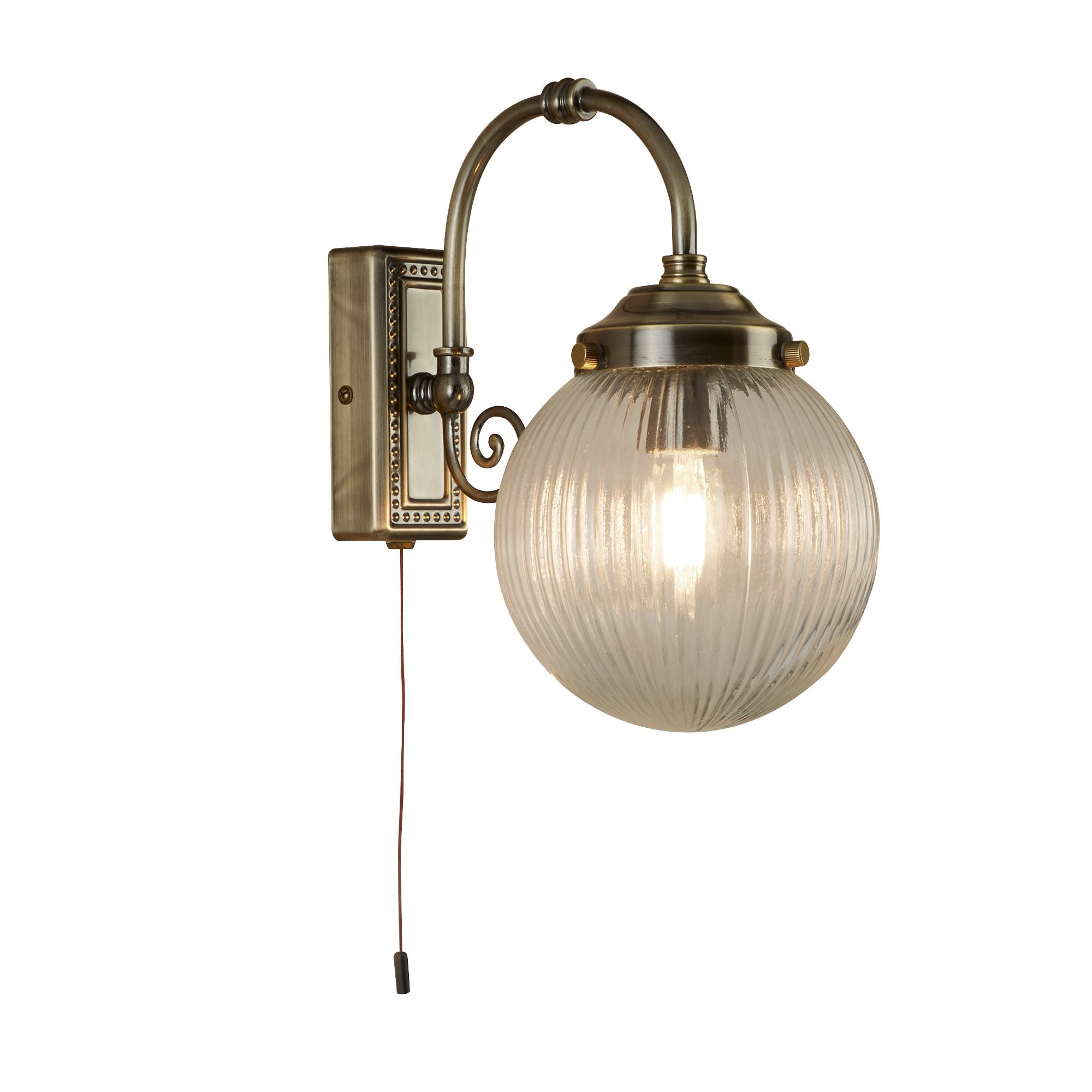 Belvue 1Lt Bathroom Ip44 Wall Light, Clear Globe Shade, Antique Brass