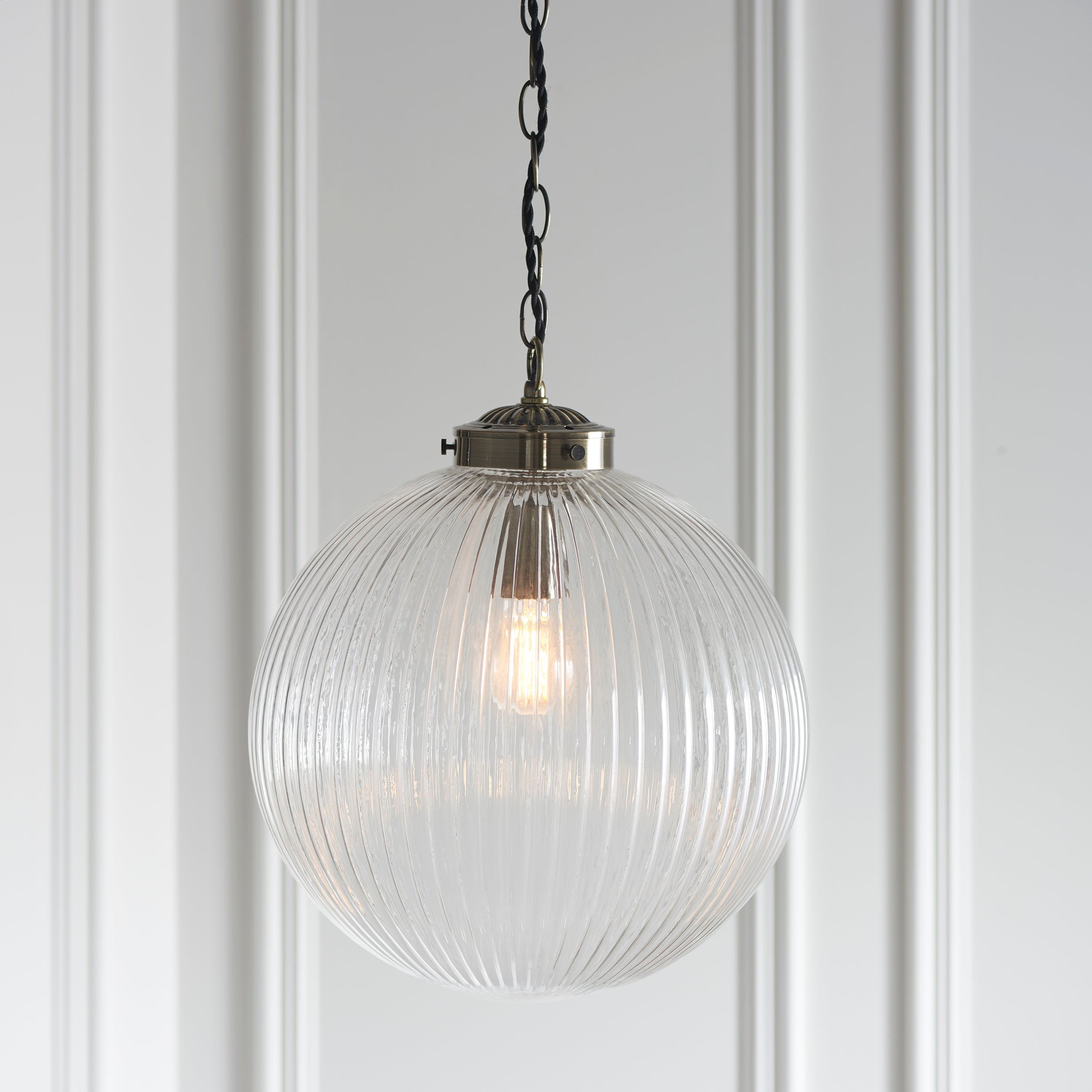 Brydon 1lt Pendant Antique brass plate & clear ribbed glass